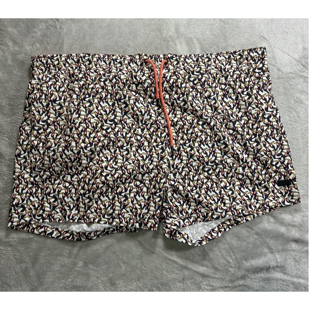 Hugo Boss Mens XXL Toucan Print Swim Trunks Board Shorts Orange Drawstring White